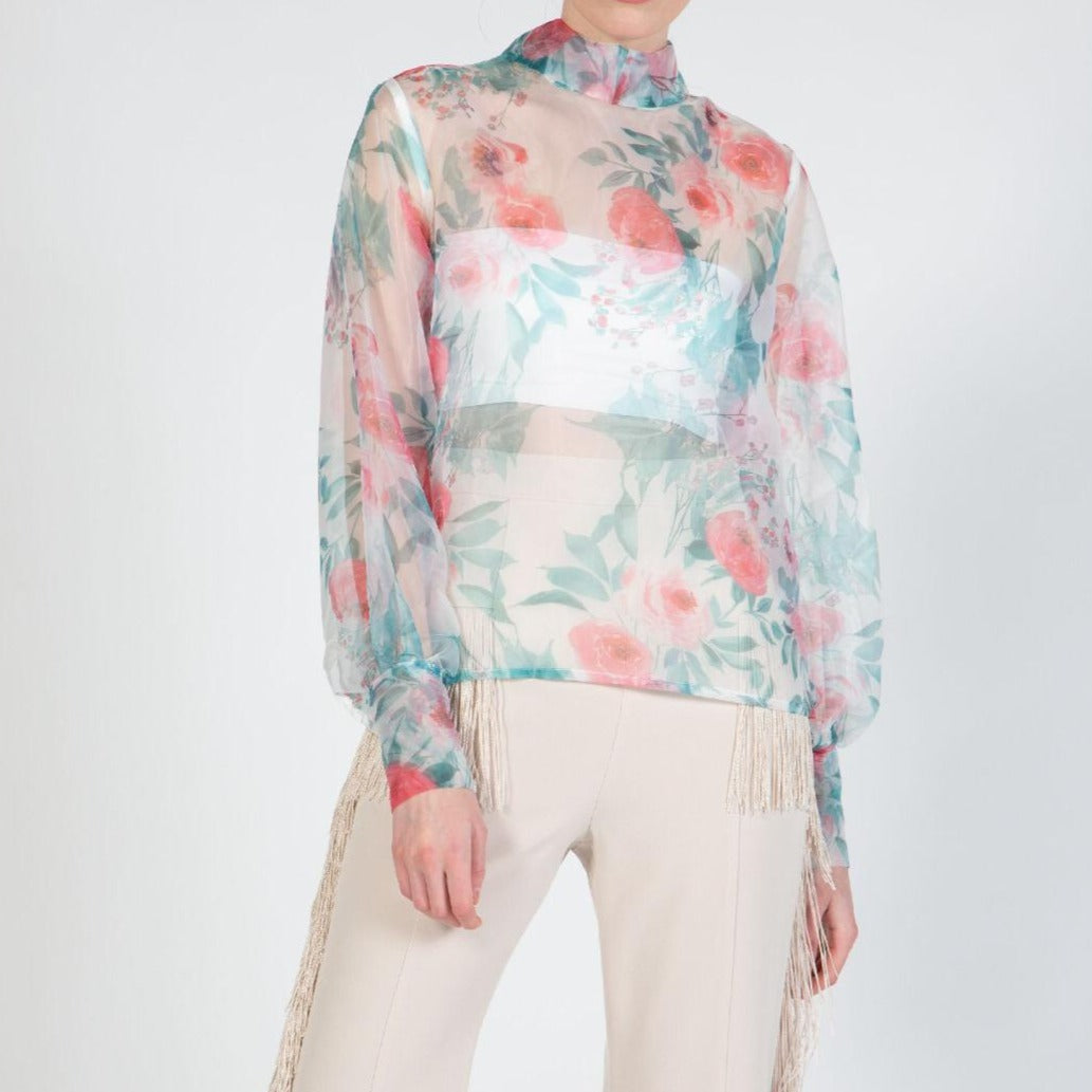 SHEER FLORAL PRINT BOW-TIE TOP