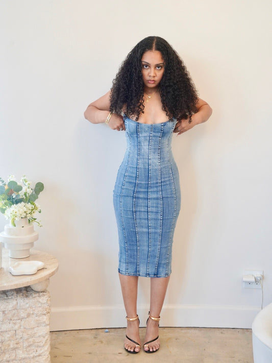 Bey| Strapless Denim Midi